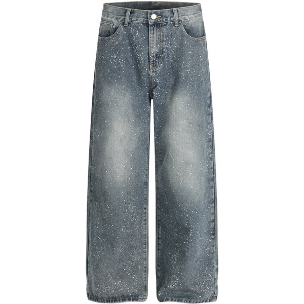 Men’s Vintage Washed Denim Pants With Rhinestone Embellishments – Loose-Fit, Punk-Inspired Streetwear, Distressed & Retro (S-XXL)