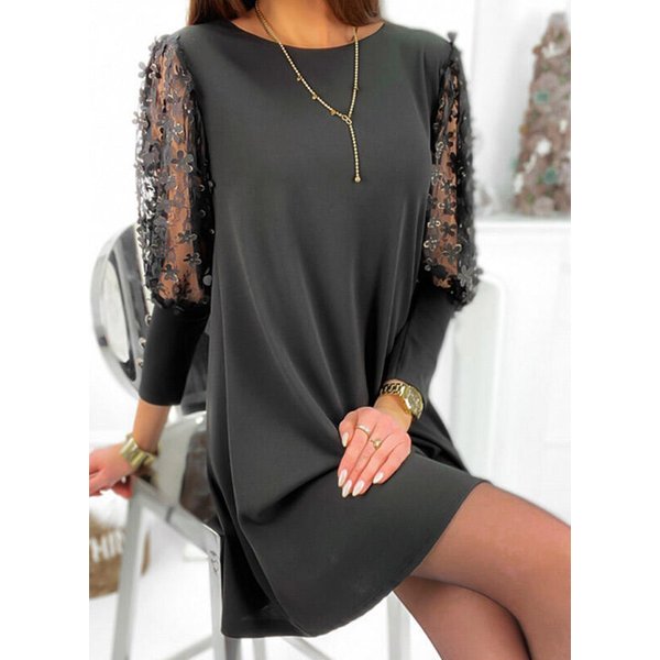 Women's clothing pullover solid color mid-waist urban casual lace hollow sleeve mid-length dress