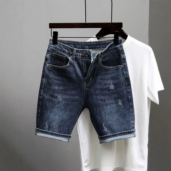 Men's Slim Fit Denim Shorts - Stretch Comfortable Mid-Length Casual Summer Shorts In Dark Blue Premium Washed Denim-image