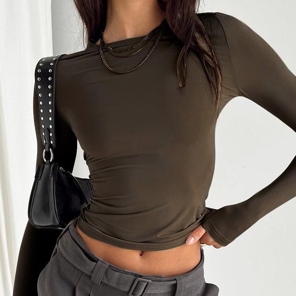 Women's Clothing Solid Color Round Neck Long Sleeve Basic T-shirt Tops