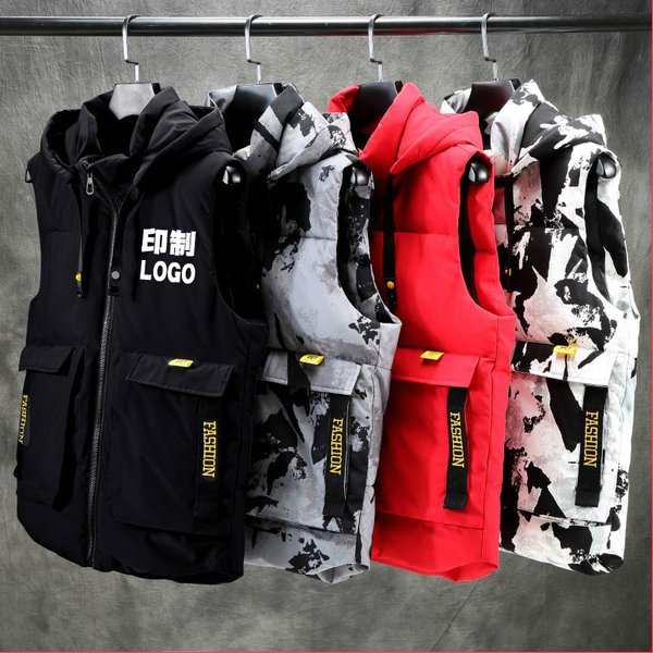 Men's Down Cotton Vest For Outerwear, Spring And Autumn New Style, Trendy Hooded Vest, Thickened Warm Sleeveless Jacket-image