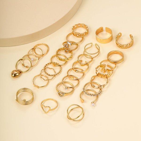Ready Stock 30pcs/Set Vintage Love Heart Rings Set For Women Gold Color Geometric Butterfly Rhinestone Finger Ring Trendy Party