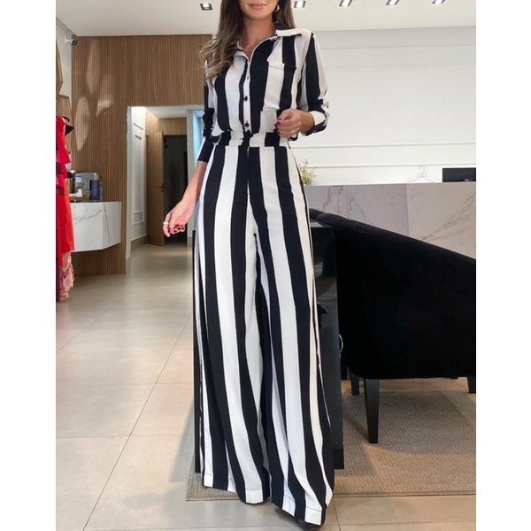 Women's Clothing Autumn Casual Fashion Black And White Striped Button Pocket Design Shirt Wide Leg Pants Two Piece Set-image