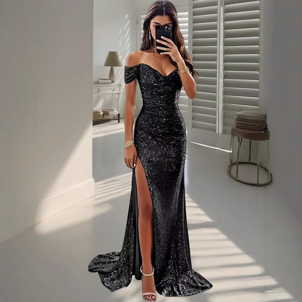 Women's Clothing Sequined One Shoulder Top Evening Dress Large Swing Slit Sexy Fashion Dress