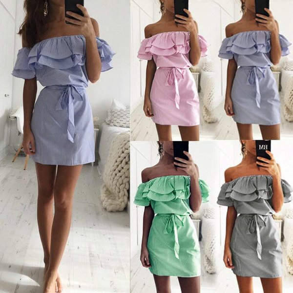 Women's Clothing Off-The-Shoulder Women's Lotus Leaf Sleeve Striped Dress-image