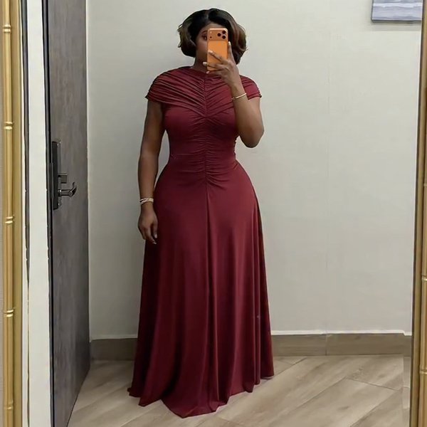 Women's Clothing Elegant Round Neck Pleated Slim Fit Long Dress For Women European And American Style African Print Spring-image
