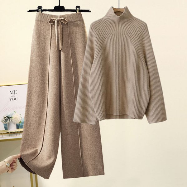 Women's Clothing Two Piece Suit New Women's Autumn And Winter Lazy Style Sweater Lace Up Nine Point Drop Wide Leg Pants Suit-image