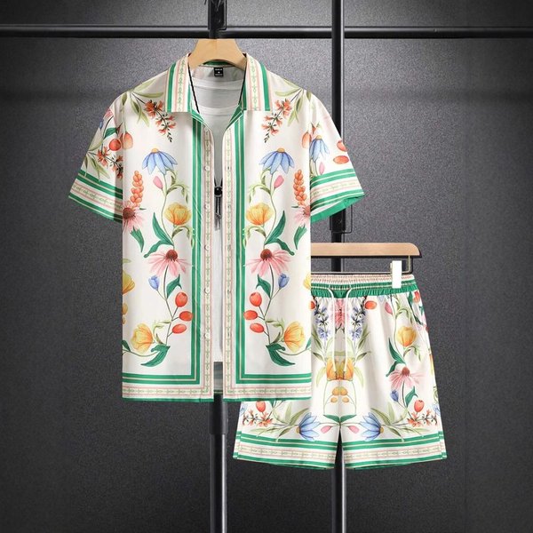 Men's Clothing Summer Shirt Shorts Suit Beach Vacation Colorful Floral Stripes 3D Digital Printing Spot-image