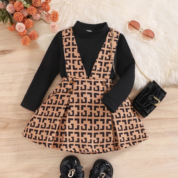 Mother&Kids TX children's classic presbyteria printed suspenders skirt high neck long sleeve two-piece children's suit