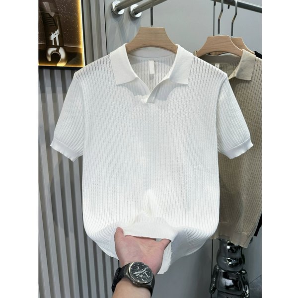 Men's Clothing High End Sophisticated Comfortable Ice Silk Hollowed Out Pattern Knit Short Sleeved Shirt Summer-image