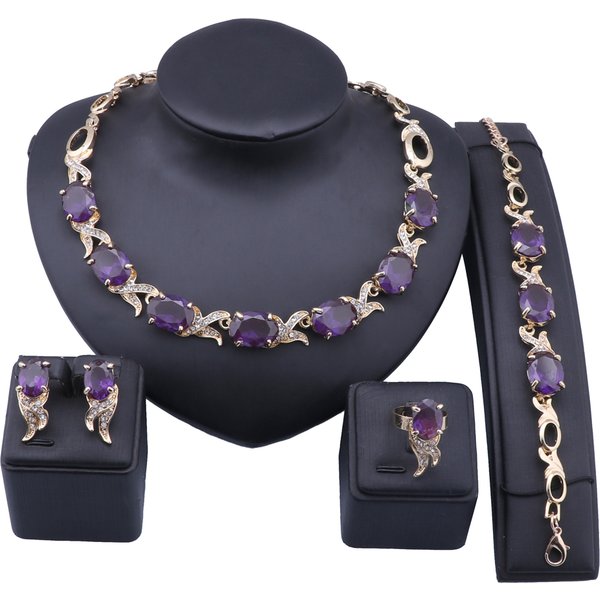 Wedding Zircon Crystal Trendy Necklace Jewelry Sets Party Women Bridal Bracelet Earrings Ring Accessories Set