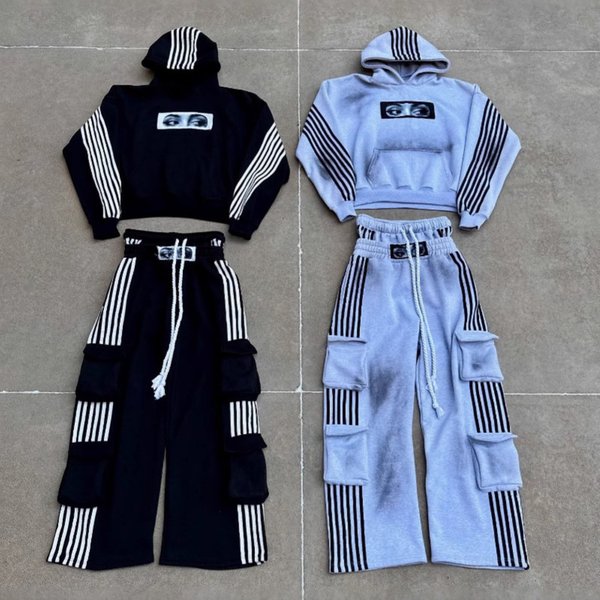 Striped Print Loose Sweatshirt Unisex Street Hip Hop Personality Patch Embroidered Sweatshirt Sweatpants-image