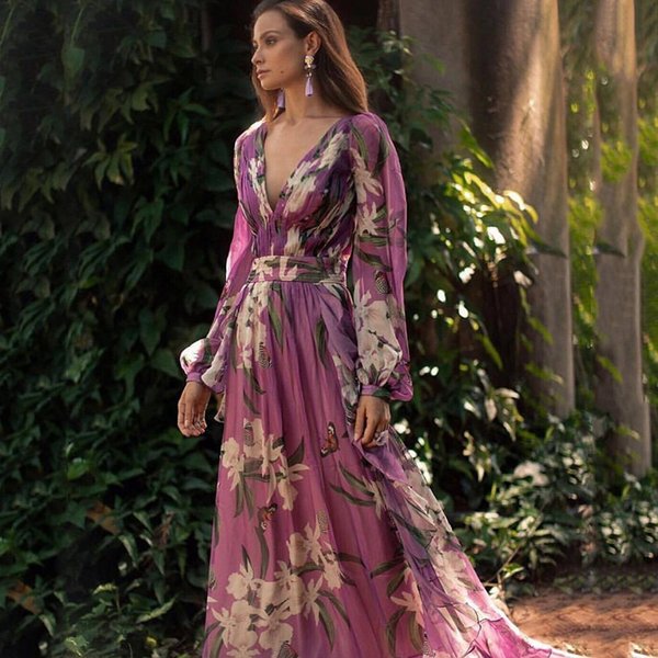 Women's Clothing Summer New Printed Women's Dress V Neck Long Sleeved Big Swing Skirt Long Skirt Female
