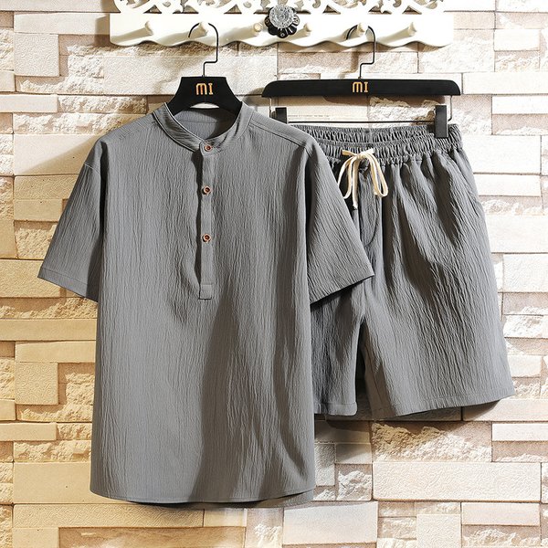 Men's Clothing Two-Piece Suit Stand-Up Collar Retro Short-Sleeved Suit Casual Solid Color Cotton And Linen Two-Piece Suit-image