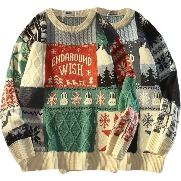 Men's Color-Block Knit Sweater – Trendy Jacquard Pattern For Halloween & Christmas (Blue/Red, EU Sizes S-2XL)