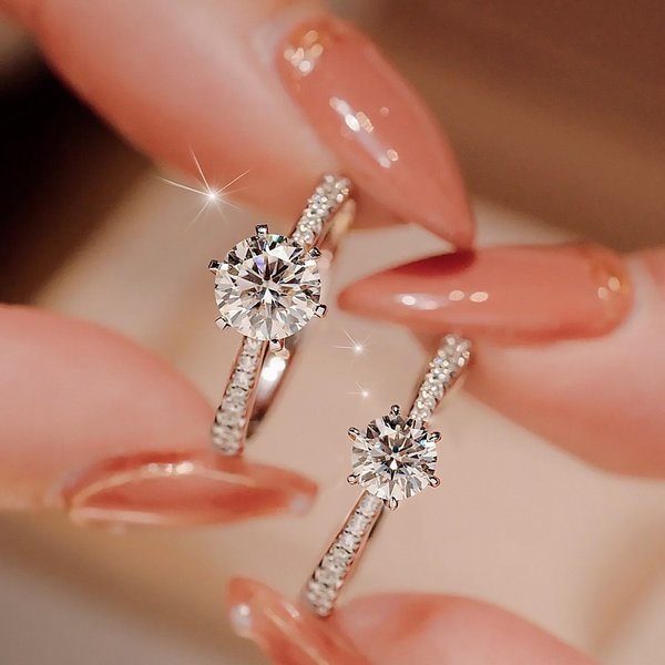 One Carat Moissanite Diamond Ring Six Claw Engagement Proposal Simulation Diamond Ring Opening Adjustable-image