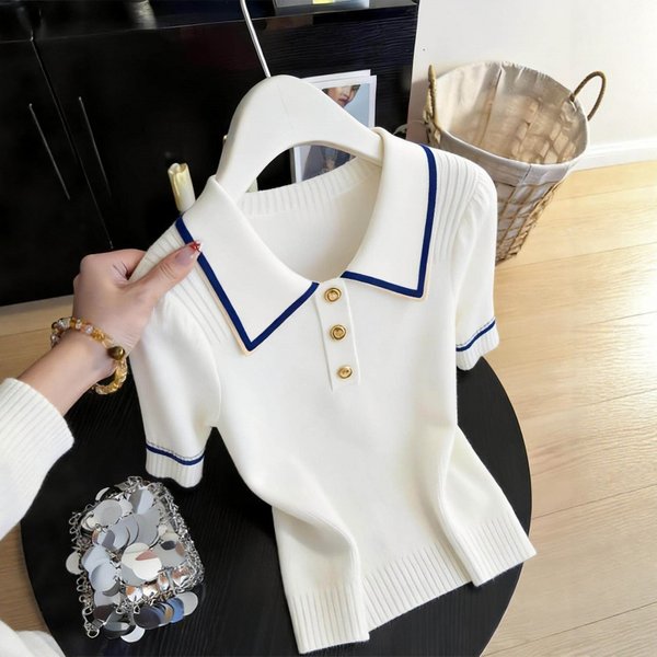 Women's White Collared Short Sleeve T-Shirt Stylish Knitted Top Spring Summer New Fashionable Beautiful-image