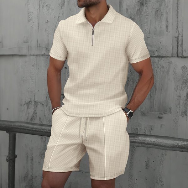 2025 Men's Summer Waffle Texture Solid Color Zipper Short Sleeve Shorts Two-Piece Set