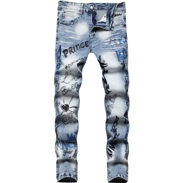 Man's clothing Hip hop street style embroidered front and back heavy embroidery stretch slim straight leg cowboy men's pants