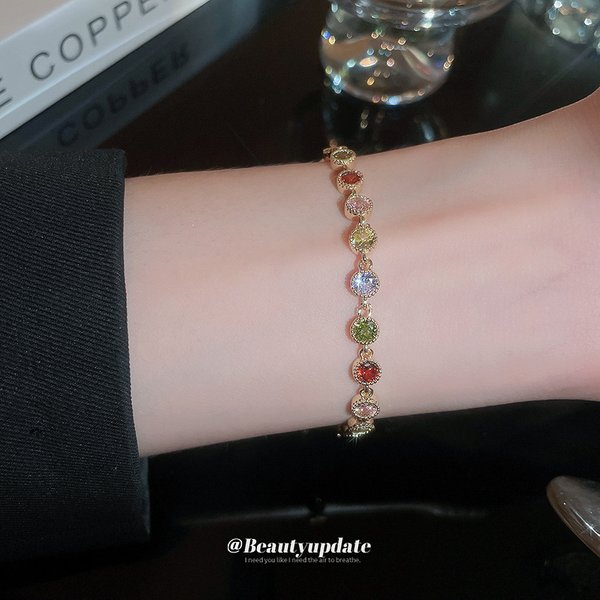 Real Gold Plated Colorful Round Zircon Inlaid Diamond Bracelet Fashion Commuter Wristband Light Luxury High-End Feel-image