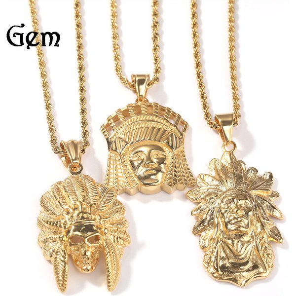 Men's Jewelry Stainless Steel Feather Chief Pendant With Cuban Chain, Hip Hop Tribal Necklace For Men, Trendy Streetwear Accessory Jewelry