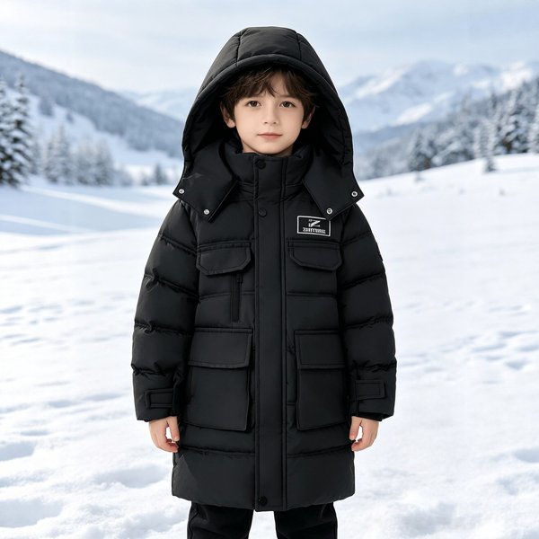 Children's Winter Hooded Cotton Padded Jacket Mid-Length Thickened Warm Outerwear Trendy Coat for Boys And Older Kids
