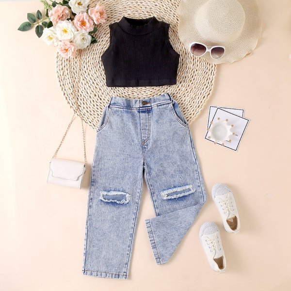 Baby Clothing Children's Dress Girls' Summer Pit Strip Solid Color Sleeveless Strapless Jumper Ripped Denim Trousers Two-Piece Set-image
