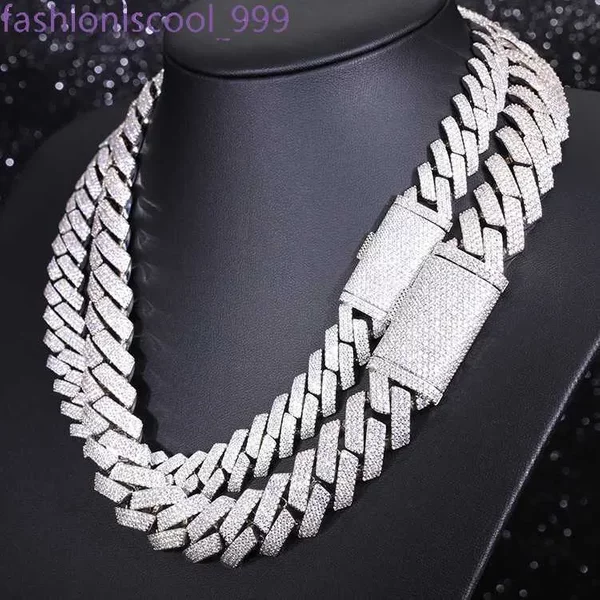 Heavy Sier 15Mm 20Mm 3Rows Cuban Chain Necklace White Gold Plated Moissanite Diamond Link-image