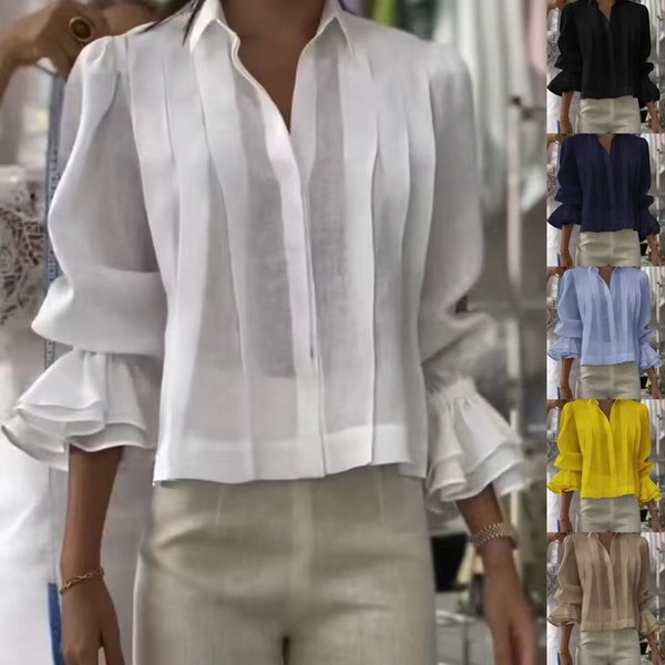 Women's Pleated Short-Sleeve Shirt – Casual Loose Fit Blouse With Color Block Design (S-XXXL)