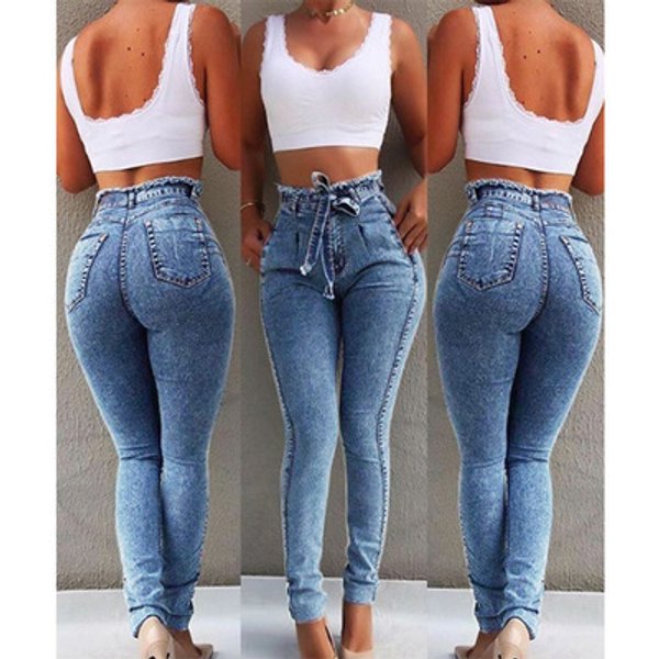 Women's Jeans Slim Elastic Fashion All Match Tassel Belt High Waist Women-image
