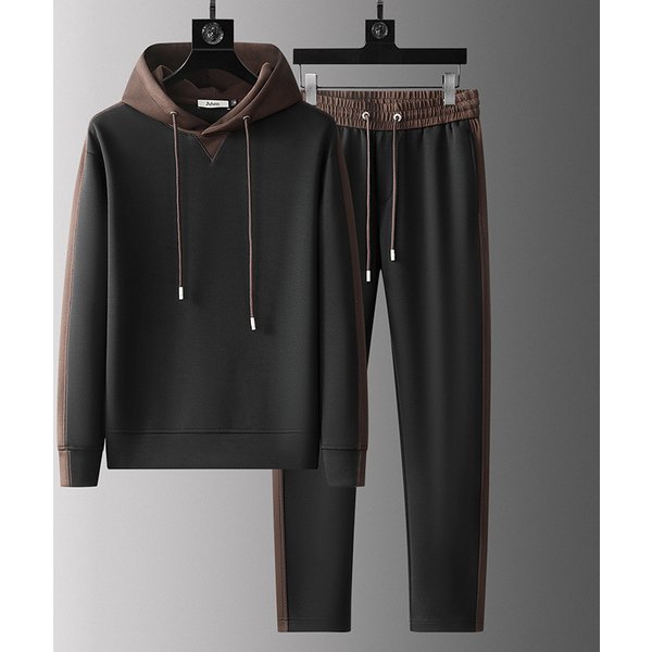 Men's Fashion Hooded Tracksuit Set - Slim Fit Casual Jogger Outfit With Fleece Lining For All Seasons (Black/Brown/Khaki)-image