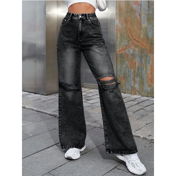 Cross Border Women's Clothing European And American Ins Fashion Hole High Waist Wide Leg Pants Casual Denim Long-image