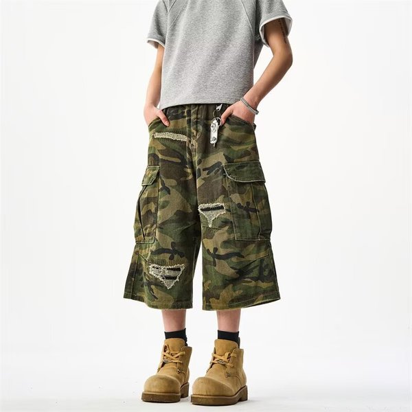Men's Clothing Retro Camouflage Ripped Work Shorts For Men And Women Loose Summer Retro Handsome Wide Leg Cropped Pants-image