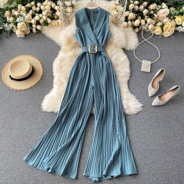 Women's Professional Suit Collar Jumpsuit Fashionable Bell Pants Wide Leg Jumpsuit-image