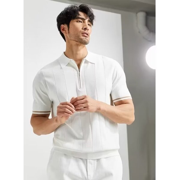 Men's Clothing Ice Silk Knitted Tops High End Summer Light Luxury Men's Clothing Trendy Brand Fashion Short Sleeved Polo Shirt Half Zipper-image