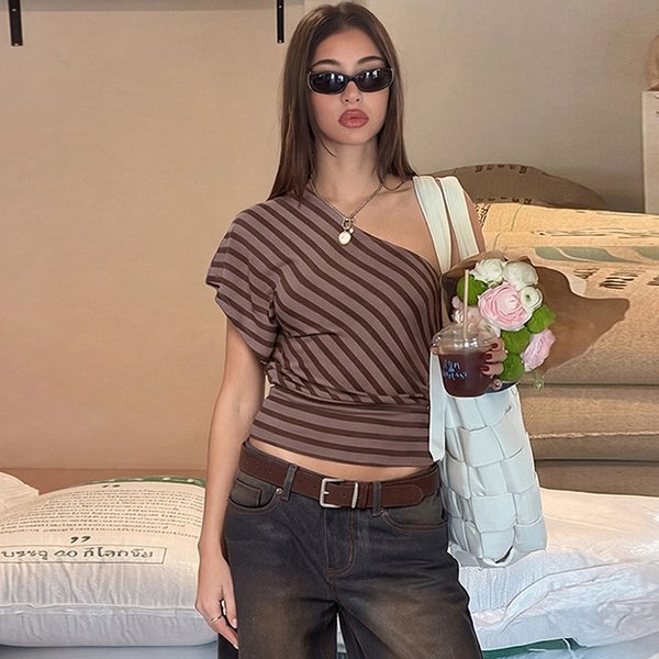 Women's Color Blocked Striped Off Shoulder T-Shirt American Style Slimming Versatile Top Summer New Arrival Fashionable