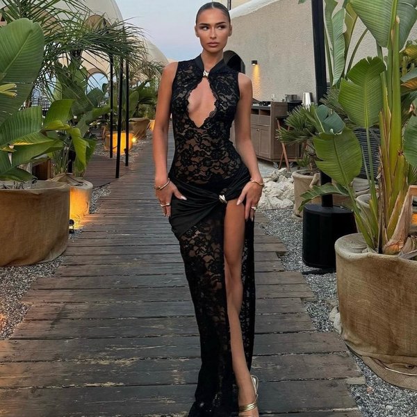 Women's Clothing New Sexy Fashion Lace Hollow High Slit Slim Sleeveless Dress For Women-image