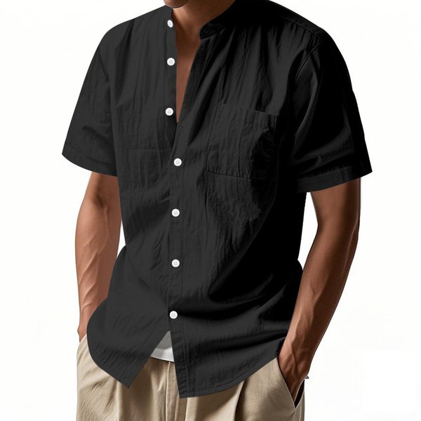 Men's Clothing Men's Summer Loose Linen T Shirt European And American Solid Color American Henry Collar Beach Short Sleeved Shirt