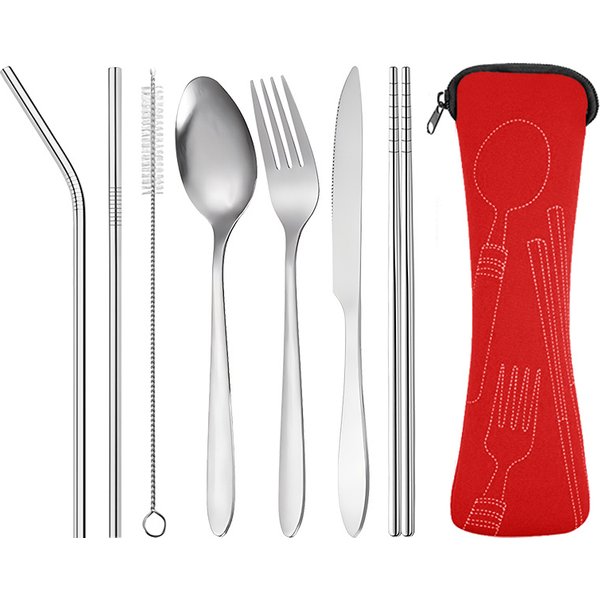 Outdoor Tableware Stainless Steel Portable Tableware Knife, Fork, Spoon, Chopsticks And Straws Seven-Piece Set Tableware Storage Bag Gift Set-image