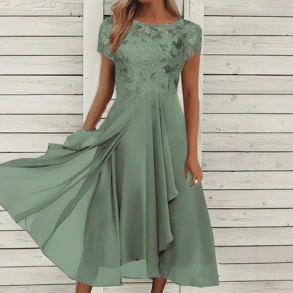 Women's Clothing Dress Chiffon Splicing Round Neck Lace Hollow Long Dress Bridesmaid Evening Dress