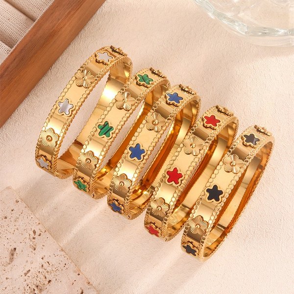 Jewelry & Accessories Simple Titanium Steel Inlaid With Colorful Mother Of Pearl Gold Waterproof Color Retention Fashion Versatile Ladies Bracelet-image
