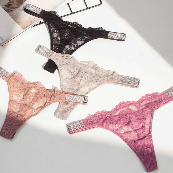 String Sexy En Dentelle Pour Femme – Culotte Taille Basse OrnéE De Strass, Dos En T, Avec Gousset En Coton, Respirante Et Confortable, Plusieurs Couleurs-image