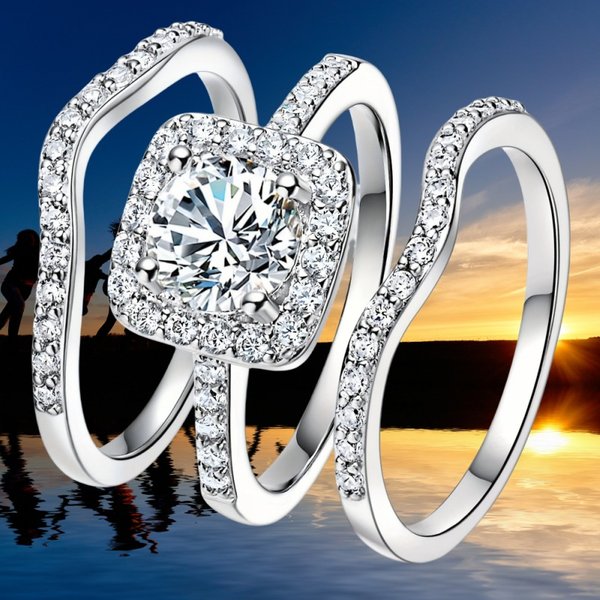 Three-Piece Set Simple Elegant Square Zircon Stacking Style Rings For Women Exquisite Jewelry Wedding Gift