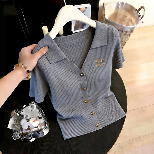 Women's Gray Casual V Neck Short Sleeve Knit Top Spring Summer New Elegant Slimming Commuter Fashion