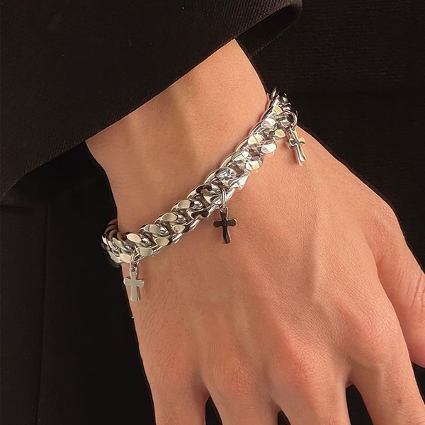 Men's Fashionable Temperament Simple Bracelet Versatile Style Titanium Steel Cross Pendant Trendy Hip Hop Cool Korean-image