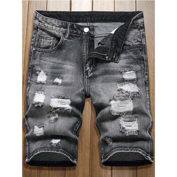 Men's Denim Shorts With Torn Holes, Fashionable And Versatile, Black Mid Length Pants With Multiple Craftsmanship, Worn And Worn Men's Pants