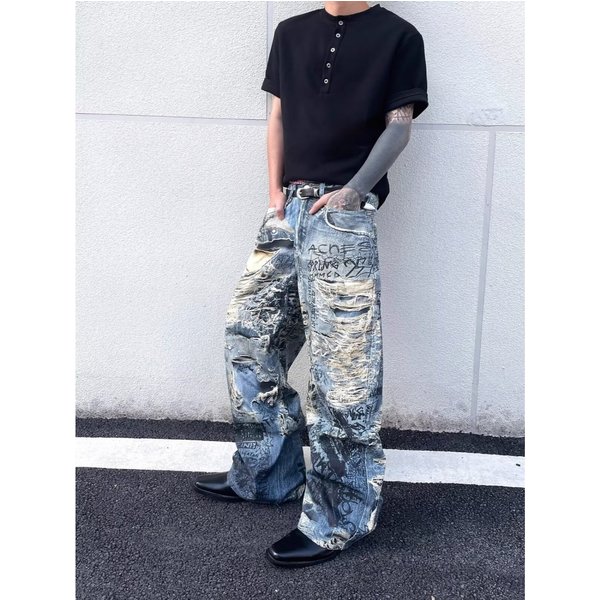 American High Street Men's 3D Digitally Printed Lettering And Floral Patterned Jeans Trendy Distressed Design Loose Wide Leg Trousers-image