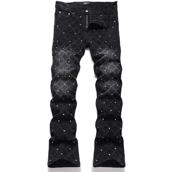 European Station American Style Trendy Brand New Black Gray Washed Scratched Patch Paint Graffiti Stretch Slim Fit Jeans-image