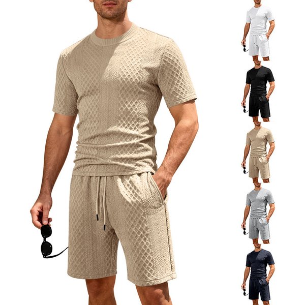 Men's Summer 2-Piece Set Jacquard Short Sleeve T-Shirt & Drawstring Shorts Casual Outfit