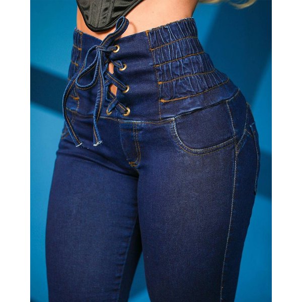 Women's clothing high-waist butt-lifting button drawstring skinny jeans